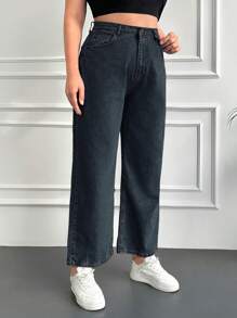 SHEIN Cottnline Plus Size Women's Solid Color Straight Leg Jeans - Dark Grey - View 4