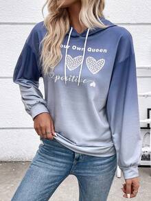 SHEIN LUNE Đồ họa trái tim & khẩu hiệu Thả vai Dây rút Hoodie - Màu xanh lam - Xem 4