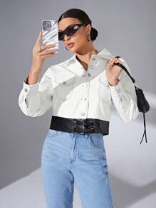 SHEIN Essnce Flap Pocket Drop Shoulder PU Leather Jacket - Black and White - View 4