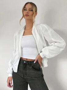 SHEIN Essnce Áo khoác bomber có khóa kéo chắc chắn - Màu be - Xem 1