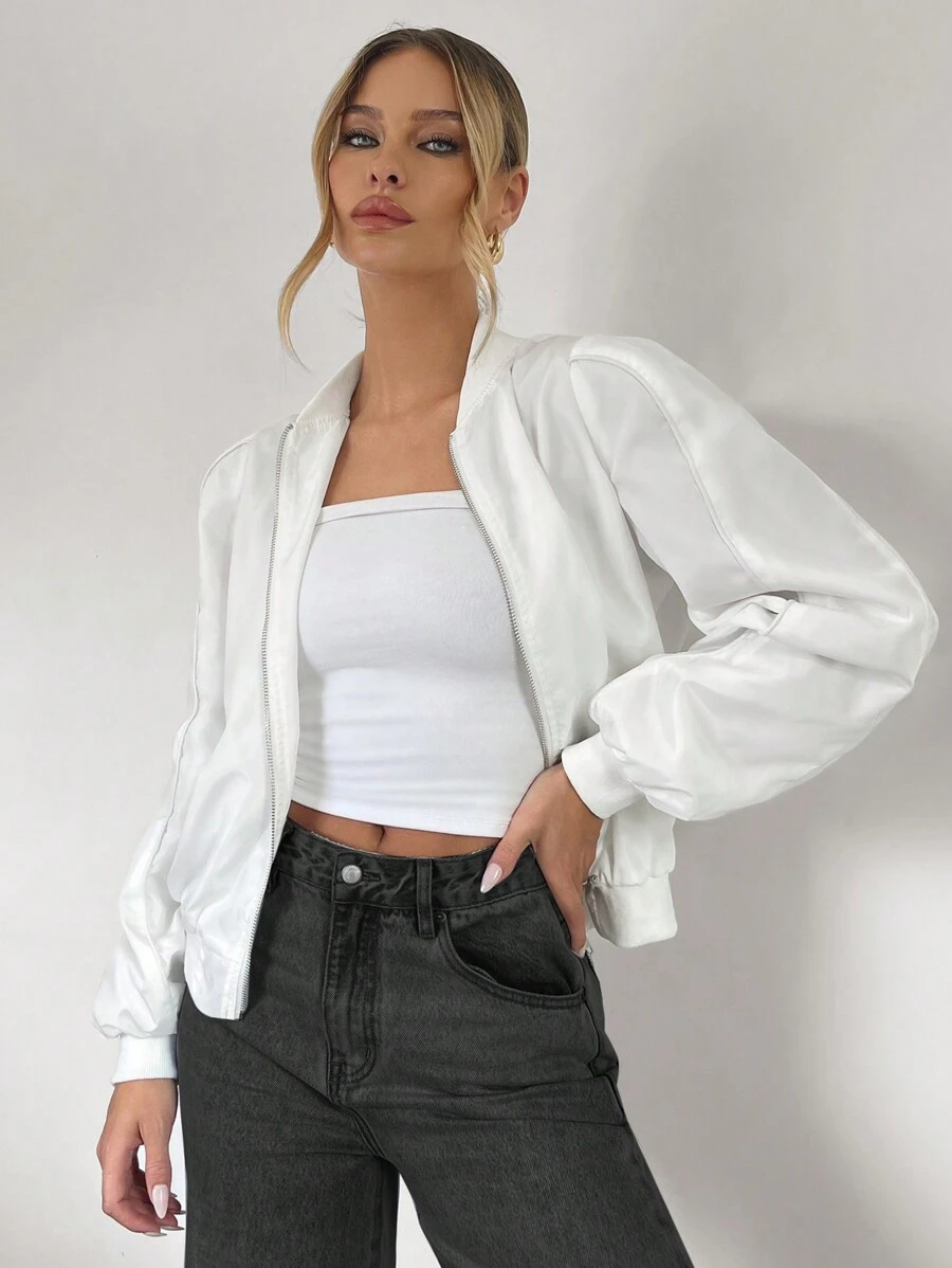 SHEIN Essnce Áo khoác bomber có khóa kéo chắc chắn - Màu be - Xem 1