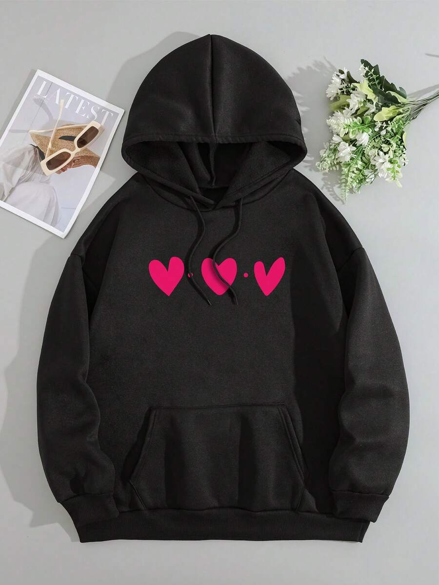 Plus Heart Print Kangaroo Pocket Drawstring Thermal Hoodie - Black - View 1