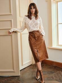 Anewsta Chất rắn Dệt kim chấm bi Thả vai Áo len - Màu be - Xem 3