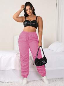 Calvaya 大碼腰部打結褶邊長褲 - 玫紅色 - 查看 3