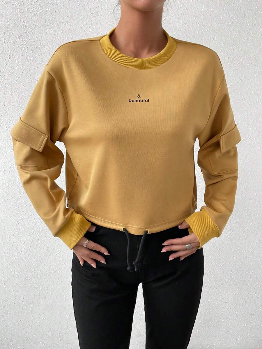 SHEIN Unity 字母图案落肩套头卫衣,秋季卫衣 - 卡其色 - 查看 1