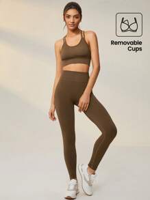 Lifespree Seamless High Stretch Criss Cross Back Sports Set - Brown - View 1