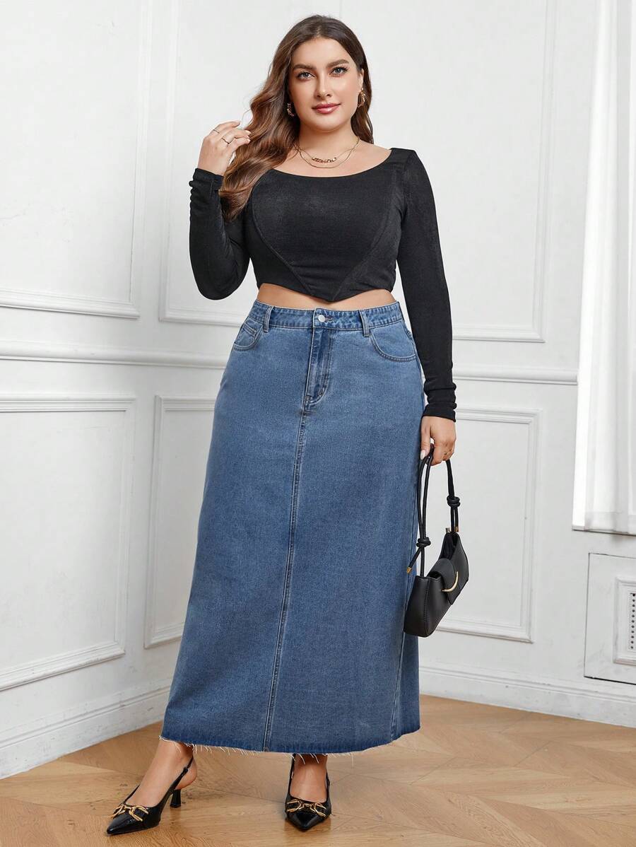 SHEIN LUNE 大碼斜口袋牛仔半身裙