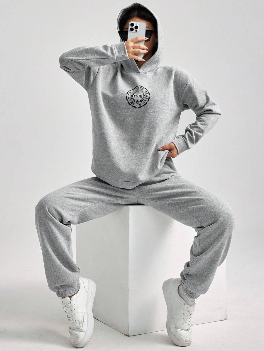 Cartoon Graphic Drop Shoulder Hoodie & Sweatpants - Grey - View 1