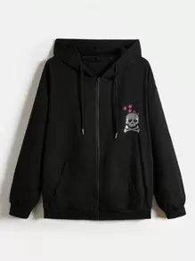 ROMWE Kawaii Sudadera con estampado de calavera y decoración de rhinestones para mujer talla grande - Negro - Ver 1