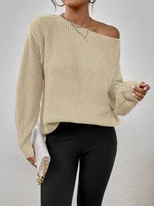 SHEIN LUNE Jersey de cuello barco de hombros caídos tejido de canalé - Beis - Ver 6