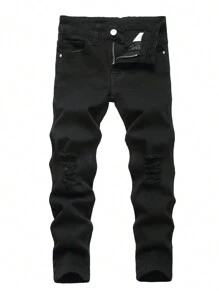 Teen Boy Ripped Solid Jeans - Black - View 1