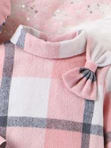 SHEIN 女小童格紋印花前蝴蝶結荷葉袖洋裝附帽子