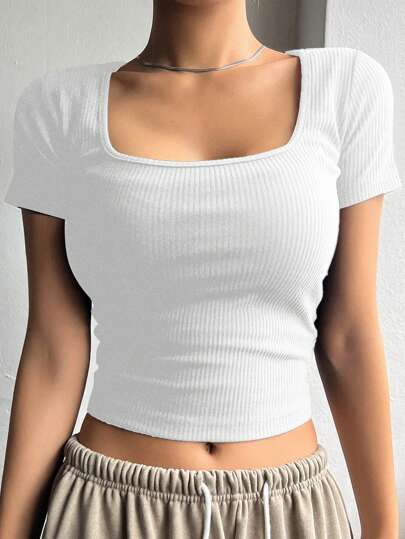 DAZY Square Neck Ribbed Knit Crop Tee