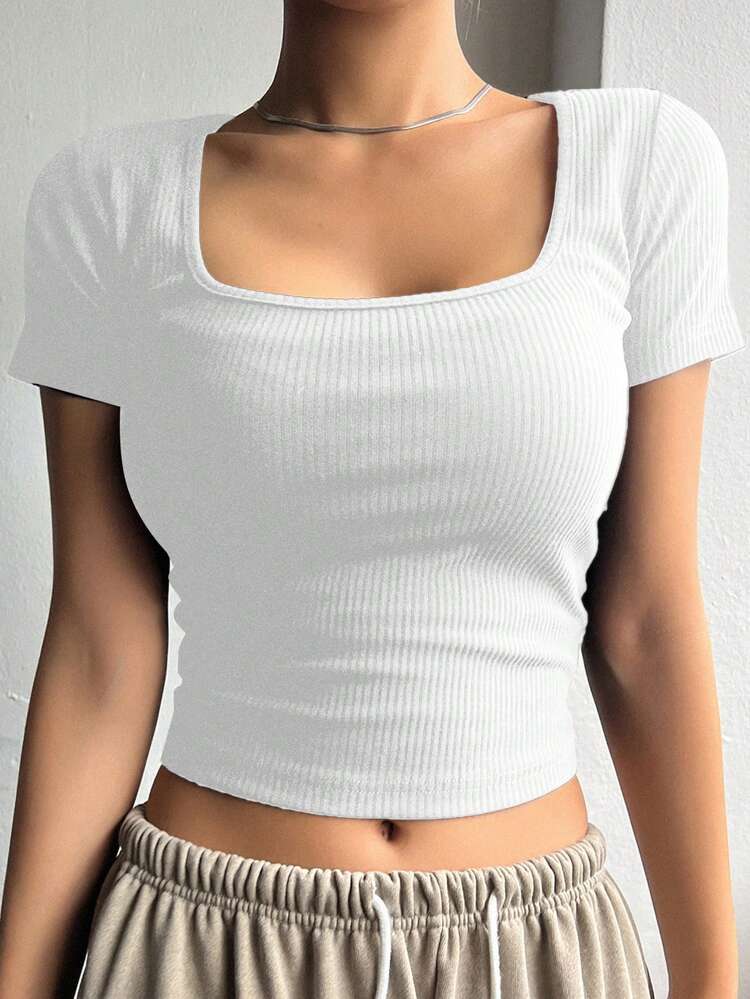Square Neck Ribbed Knit Crop Tee