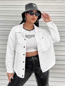 SHEIN EZwear 大碼翻蓋口袋落肩袖夾克 - 白色 - 查看 3