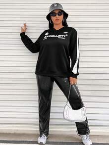 SHEIN EZwear 大碼字母圖案拼接側邊接縫落肩袖運動衫 - 黑色 - 查看 6