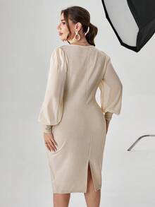 SHEIN Privé Plus 純色燈籠袖修身連身裙 - 卡其色 - 查看 2