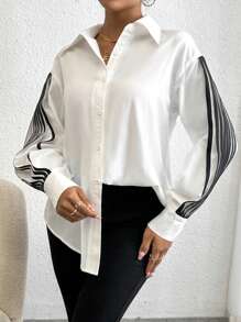 SHEIN Privé Striped Print Drop Shoulder Shirt - Black and White - View 5