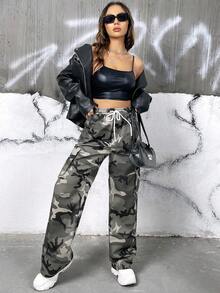 SHEIN Coolane Camo In Túi nắp bên cạnh Eo dây rút Quần Cargo - Nhiều màu - Xem 4