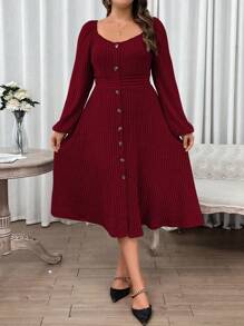 Franclia Plus Sweetheart Neck Lantern Sleeve Single Breasted Dress, Burgundy Women Outfit