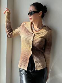 Dazy Star Ombre Sailor Collar Button Front Cardigan,Fall Clothes Jacket - Brown - View 4