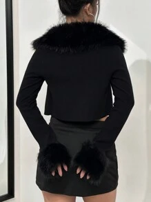 Flirla Cárdigan corto con borde de pelo, tops de manga larga