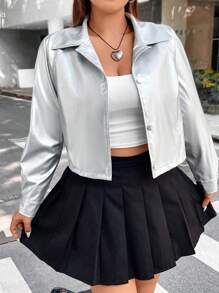 SHEIN Coolane Hơn Tay Raglan chất liệu da PU Áo khoác - Bạc - Xem 3