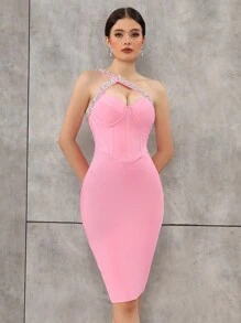 Modphy Black Rhinestone Sexy Bandage Bodycon Dress, Holiday Party Dress - Pink - View 1