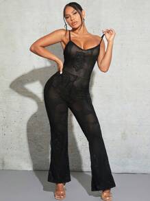 SHEIN SXY Mô hình hoa Lưới Bộ áo liền quần Cami - màu đen - Xem 3