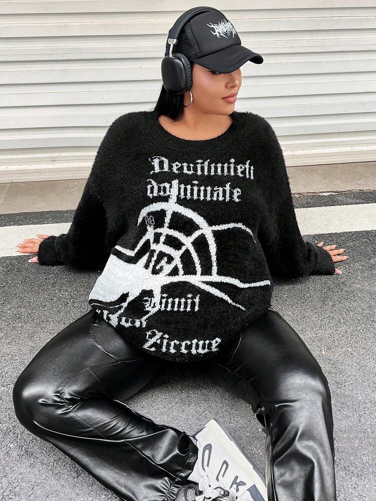 Plus Spider Web & Letter Pattern Drop Shoulder Fuzzy Sweater