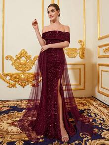 露肩網紗罩層的開叉亮片鱼尾禮服 - 玫紅色 - 查看 4