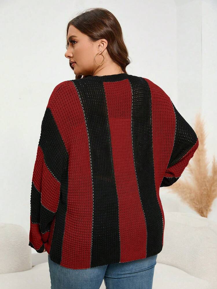Plus Color Block Drop Shoulder Sweater Knit Pullover Fall Winter Sweater