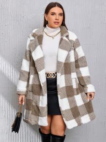 SHEIN Clasi 大碼格紋印花開門襟絨毛外套 - 杏色 - 查看 5