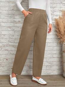 EMERY ROSE Pantalones unicolor con bolsillo oblicuo - Caqui - Ver 4