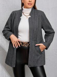 SHEIN LUNE Talla grande Abrigo espina de pescado con parte delantera abierta - Negro - Ver 4