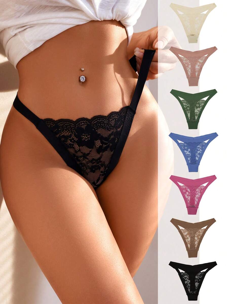 SHEIN 7件套花卉蕾丝扇贝边丁字裤性感内衣 - 彩色 - 查看 1