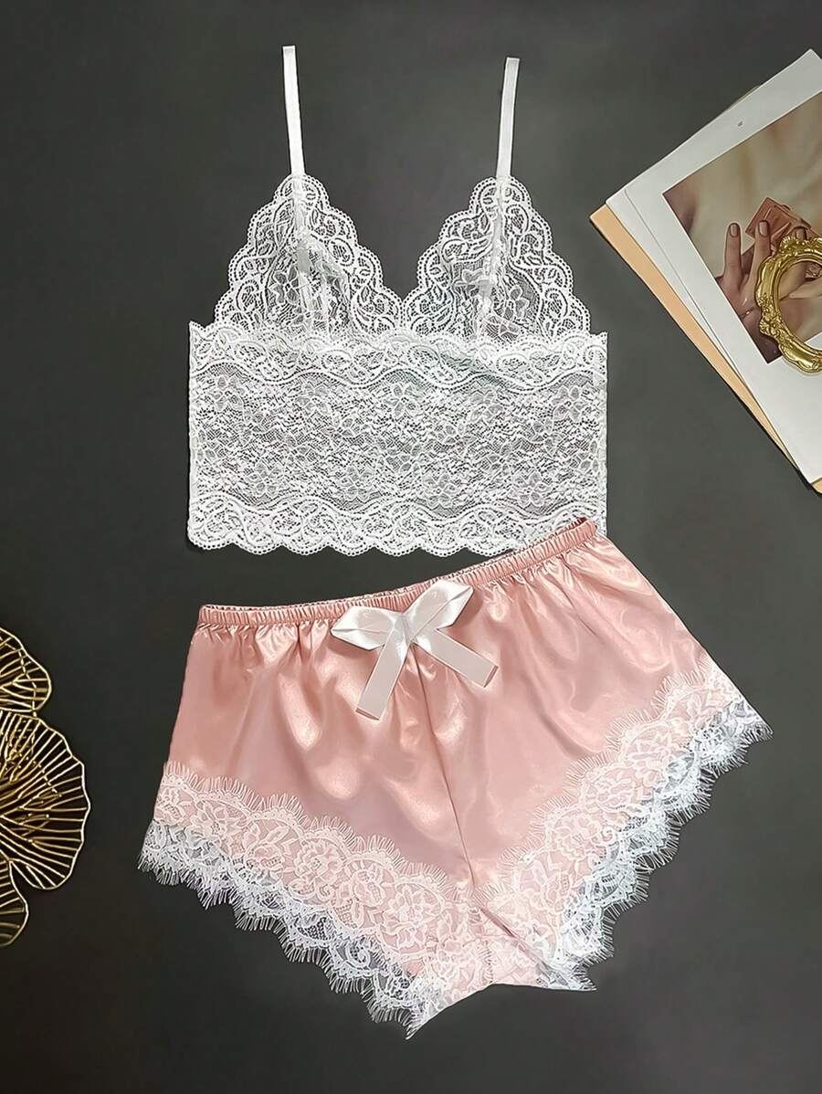 Floral Lace Bralet With Satin Shorts - Multicolor - View 1