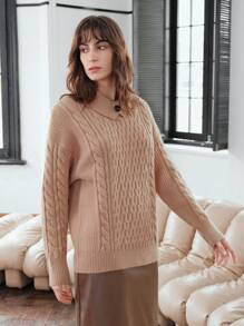 Anewsta 纯色麻花针织落肩套头衫秋冬毛衣 - 卡其色 - 查看 7