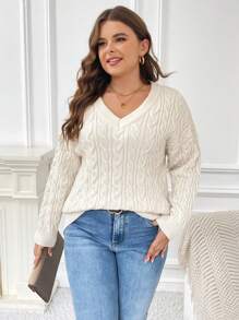 SHEIN Frenchy Kích thước lớn Thả vai Xoắn Dan Áo len - Màu be - Xem 3