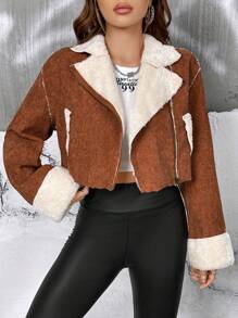 SHEIN EZwear 毛絨內襯拉鏈開襟短款燈芯絨夾克 - 棕色 - 查看 1