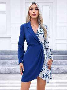 SHEIN Privé Floral Print Fitted Dress - Blue - View 4