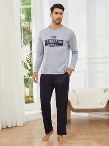 Men Letter Graphic PJ Set - Light Grey - View 5