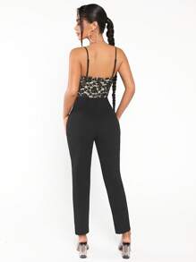 SHEIN PETITE Contrast Lace Cami Jumpsuit - Black - View 2