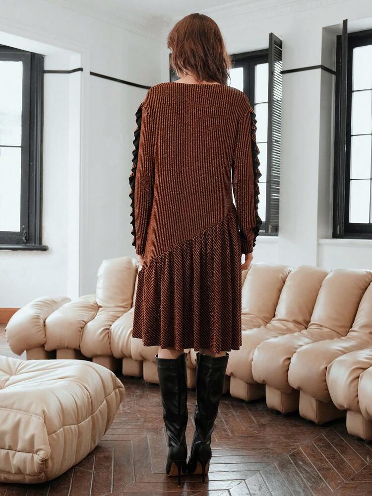 Scoop Neck Ruffle Trim Dress For Holiday Party Clothes Metallic Women Outfit