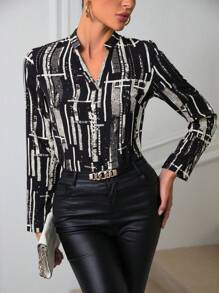 SHEIN Clasi 滿版印花缺口領襯衫 - 黑色 - 查看 3