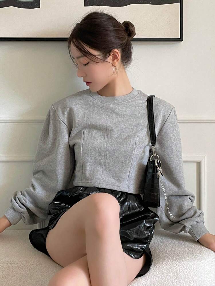 DAZY 纯色圆领运动衫，秋装 - 灰色 - 查看 7