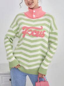 SHEIN EZwear Letter & Chevron Pattern Turtle Neck Drop Shoulder Sweater - Green - View 4