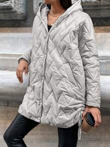 EURMUSE Slant Pocket Drawstring Side Hooded Quilted Coat