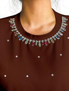 SHEIN Frenchy 水鑽細節落肩T恤 - 咖啡棕 - 查看 4