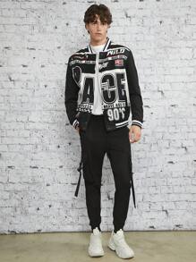Manfinity VCAY Loose Men Letter Graphic Striped Trim Jacket, For Fall Winter - Multicolor - View 5